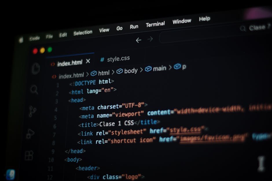 The image displays a computer screen with a code editor open, showing HTML code with tags such as html, head, body, meta, and title. The code is highlighted with different colors indicating various el